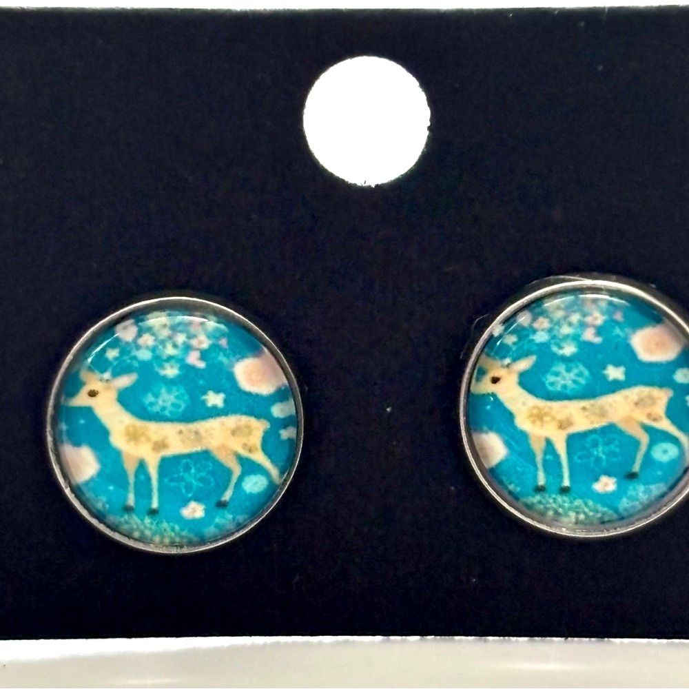 12mm Reindeer Print Handmade Stainless Steel Earrings, Unworn, NWT